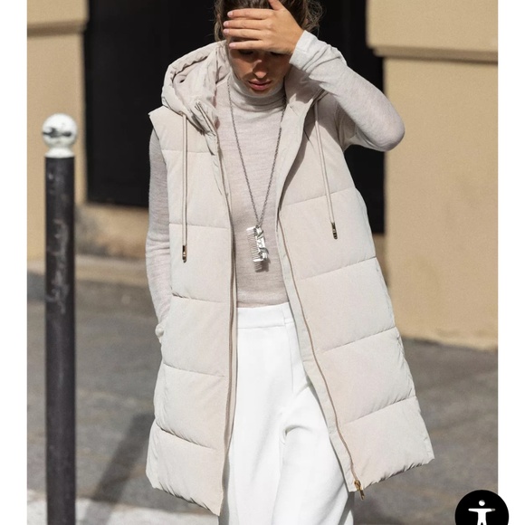 ZARA LONG PADDED HOODED PUFFER DOWN WINTER ZIP FLEECE LINING VEST GILET - Picture 4 of 9